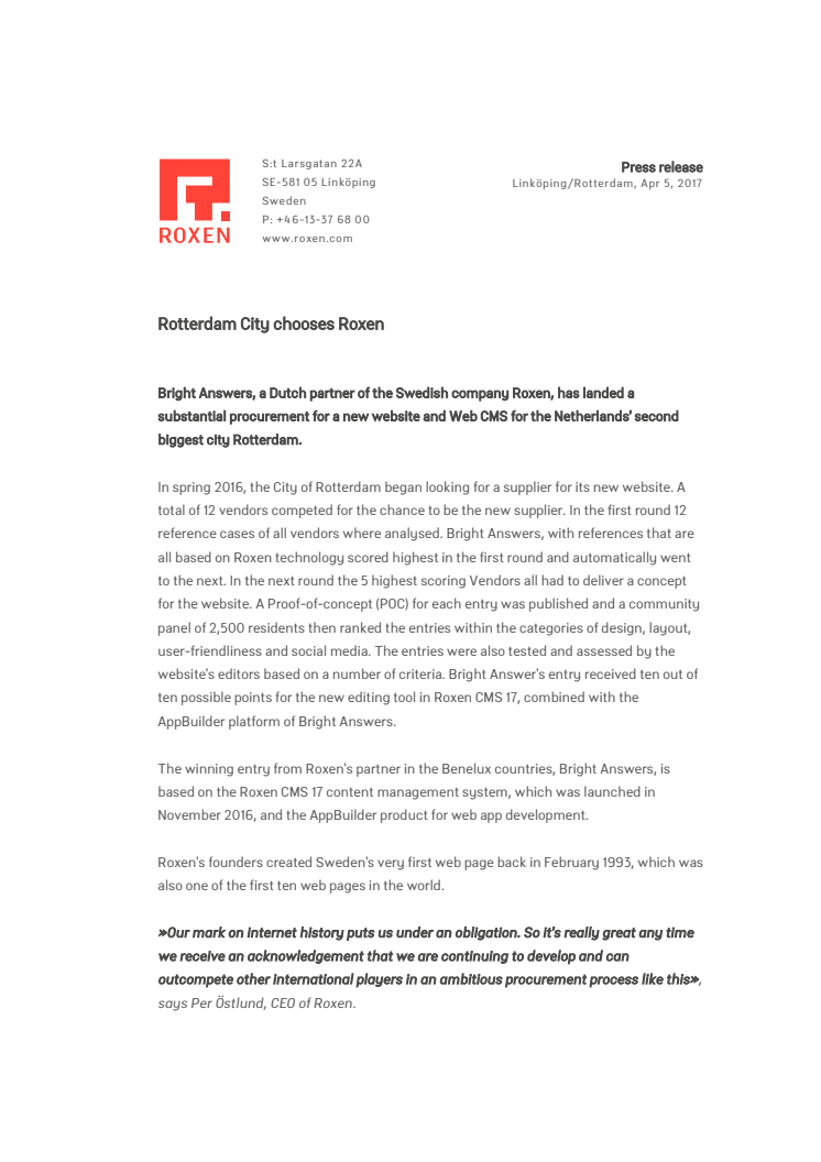 Rotterdam City chooses Roxen