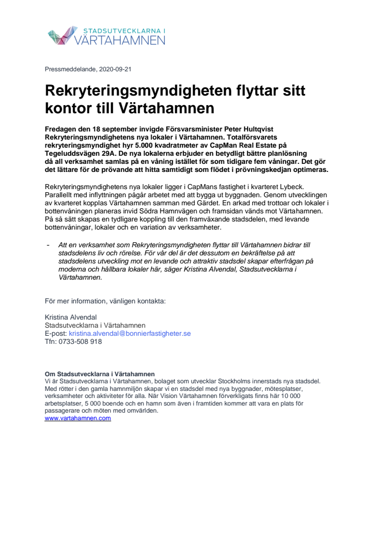 Rekryteringsmyndigheten flyttar sitt kontor till Värtahamnen
