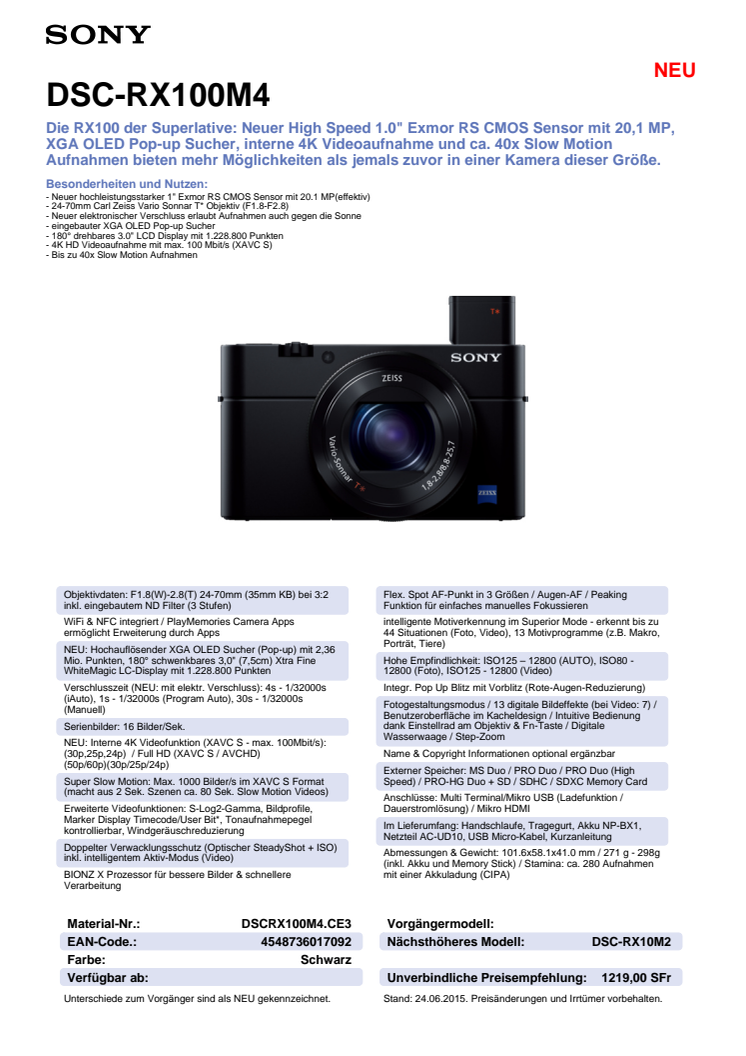 Datenblatt DSC-RX100M4 von Sony