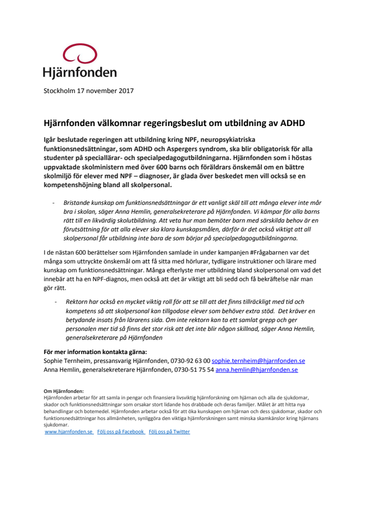 Hjärnfonden välkomnar regeringsbeslut om utbildning av ADHD 