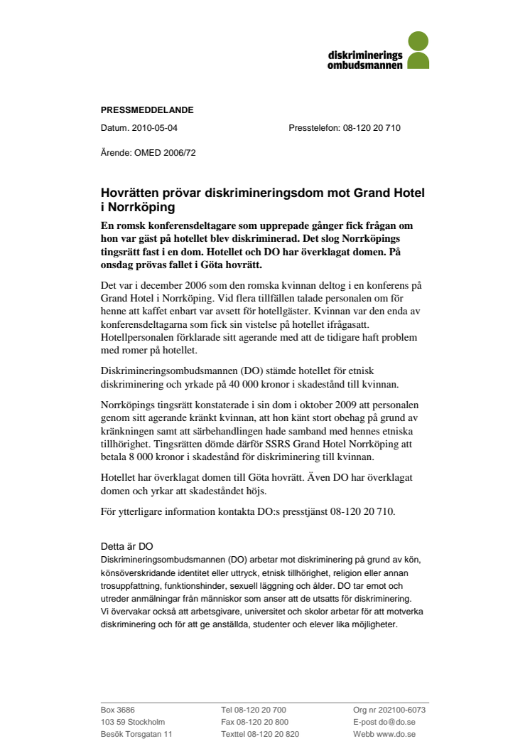 Hovrätten prövar diskrimineringsdom mot Grand Hotel i Norrköping 