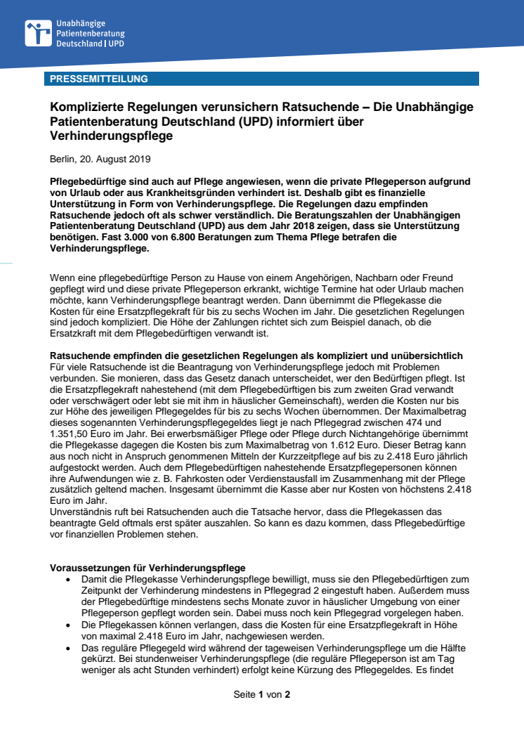 Komplizierte Regelungen verunsichern Ratsuchende – Die Unabhängige Patientenberatung Deutschland (UPD) informiert über Verhinderungspflege