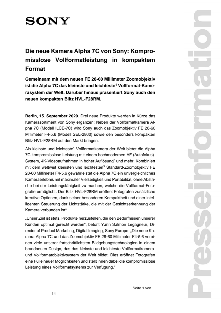 Die neue Kamera Alpha 7C von Sony: Kompromisslose Vollformatleistung in kompaktem Format