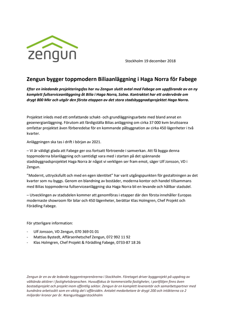 Zengun bygger toppmodern Biliaanläggning i Haga Norra för Fabege