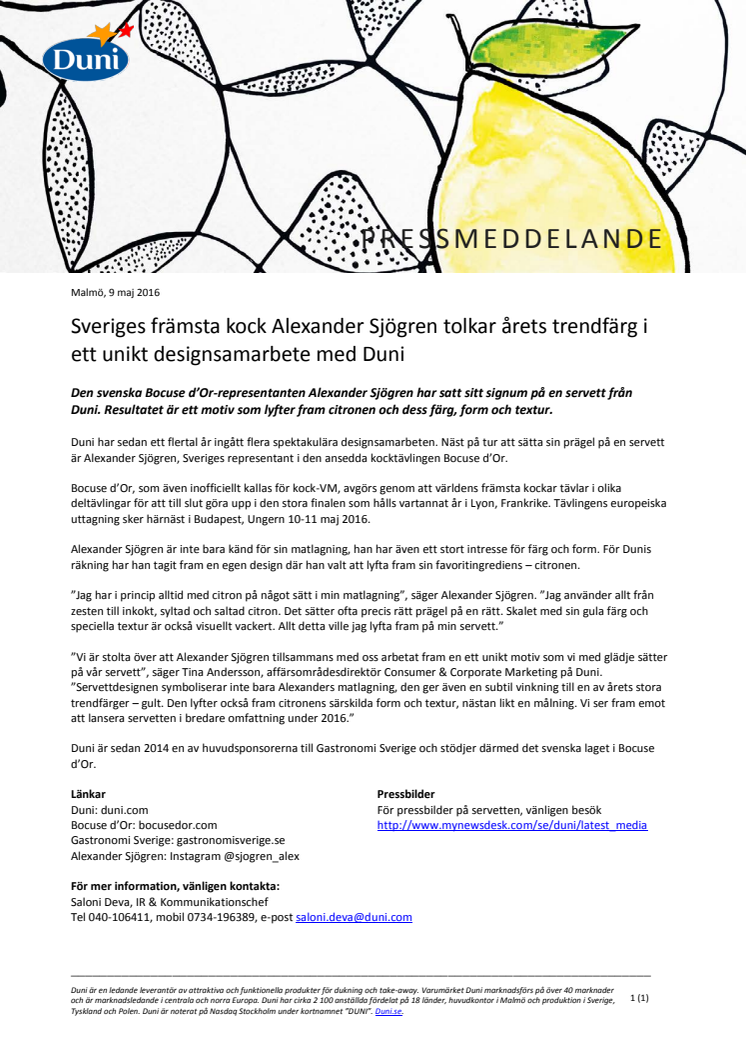 Sveriges främsta kock Alexander Sjögren tolkar årets trendfärg i ett unikt designsamarbete med Duni 