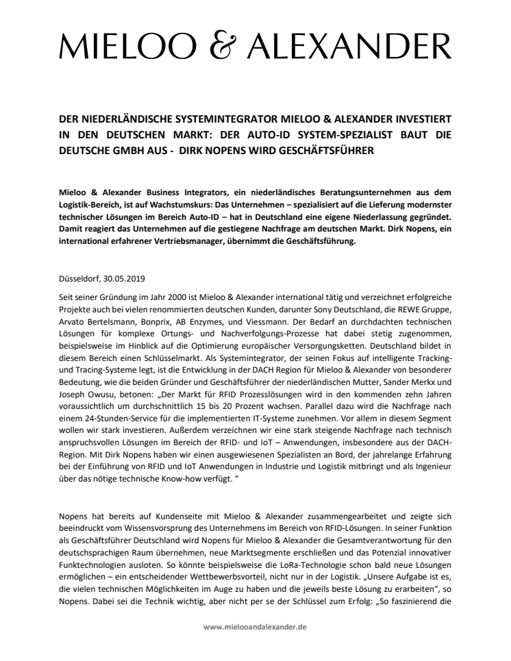 ​DER NIEDERLÄNDISCHE SYSTEMINTEGRATOR MIELOO & ALEXANDER INVESTIERT IN DEN DEUTSCHEN MARKT: DER AUTO-ID SYSTEM-SPEZIALIST BAUT DIE DEUTSCHE GMBH AUS - DIRK NOPENS WIRD GESCHÄFTSFÜHRER