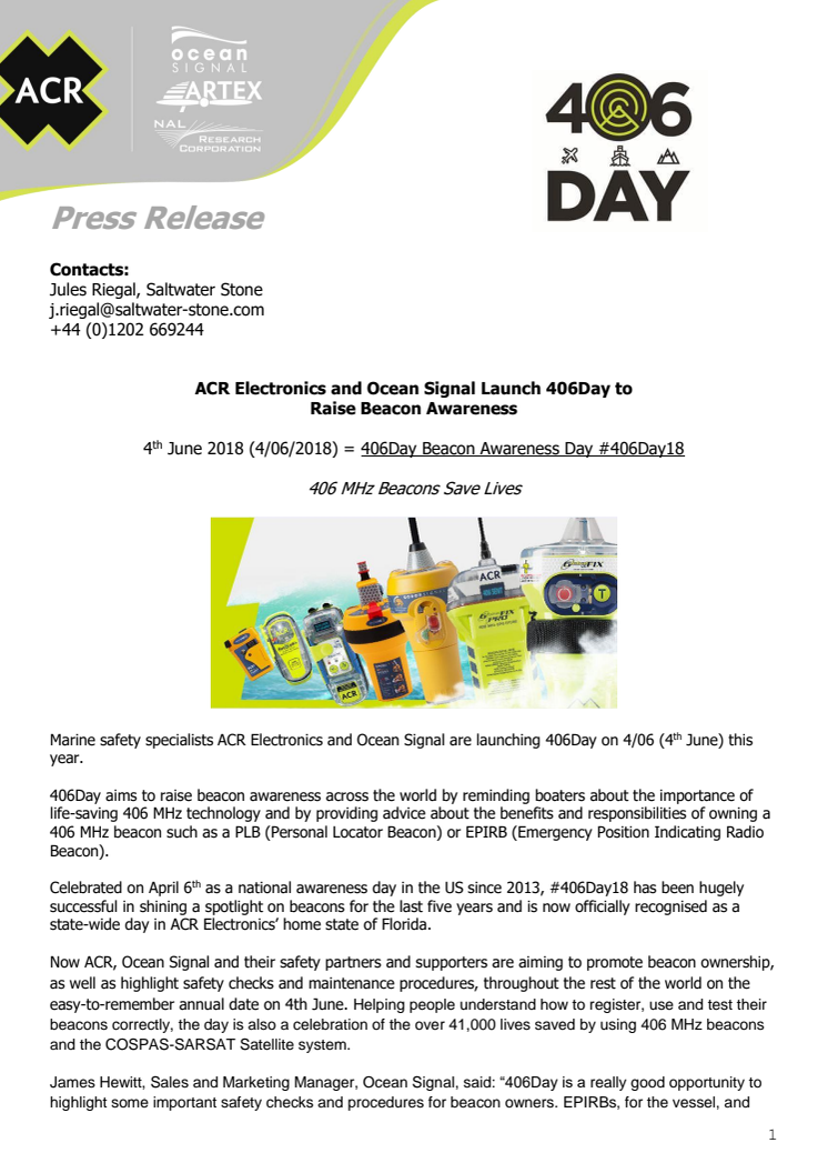 ACR Electronics and Ocean Signal Launch 406Day to  Raise Beacon Awareness