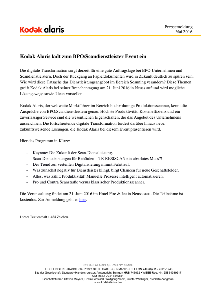 Kodak Alaris lädt zum BPO/Scandienstleister Event ein