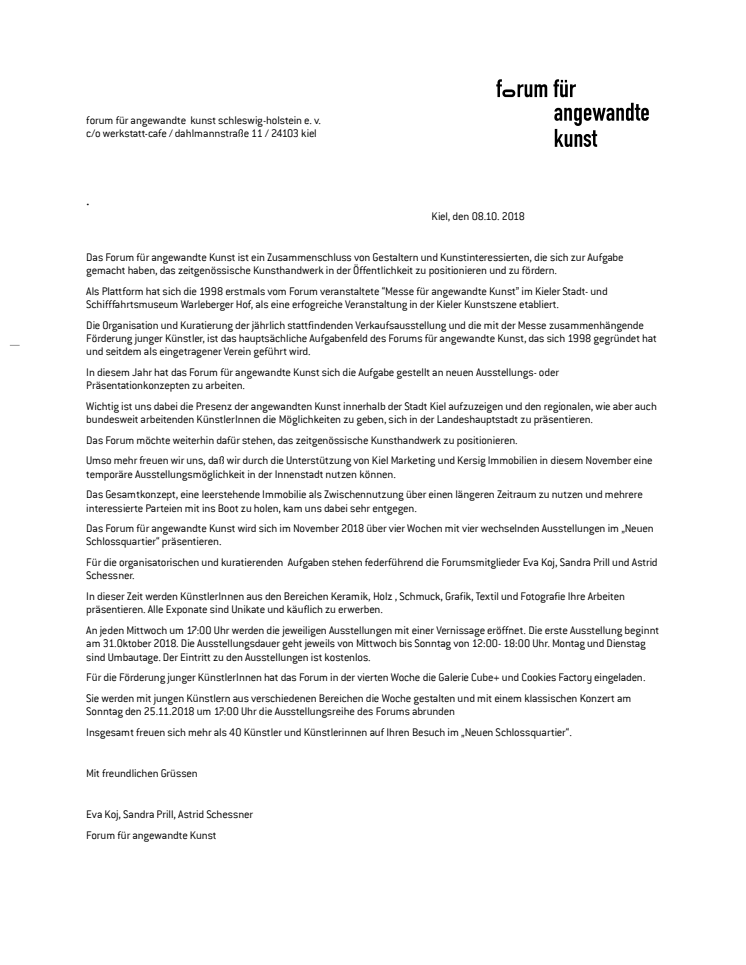 Pressemitteilung vom Forum für angewandte Kunst