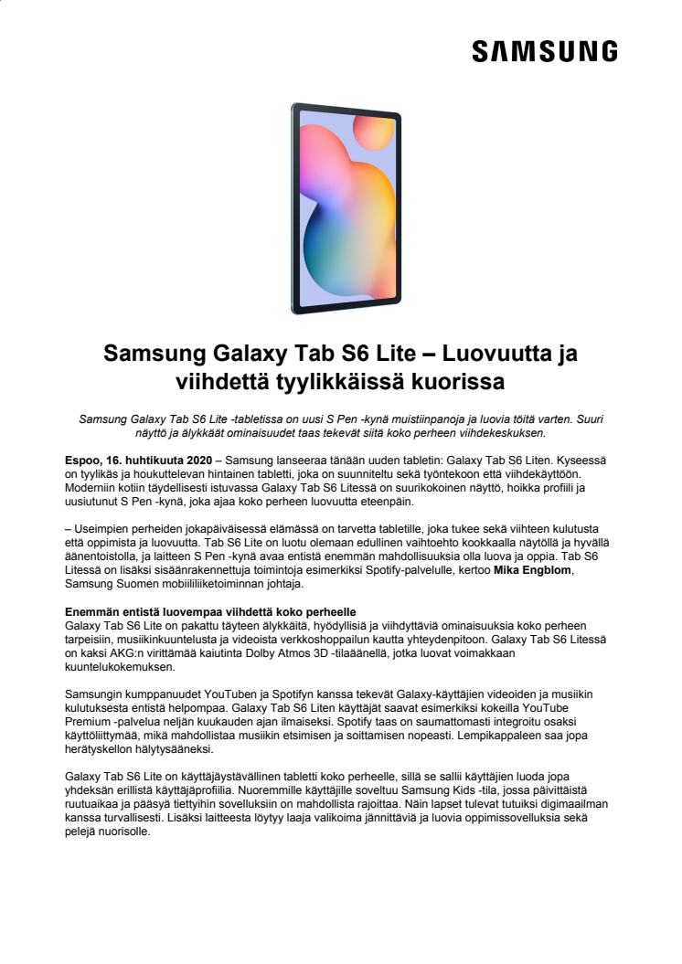 Samsung Galaxy Tab S6 Lite – Luovuutta ja viihdettä tyylikkäissä kuorissa