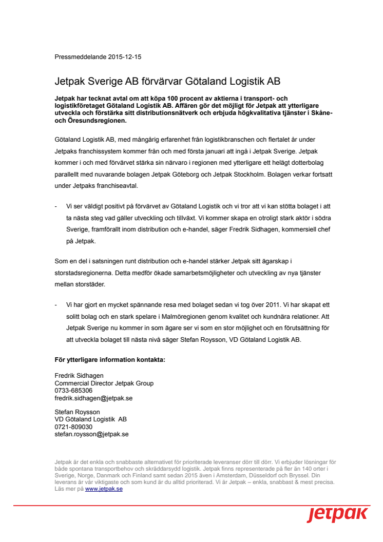 Jetpak Sverige AB förvärvar Götaland Logistik AB