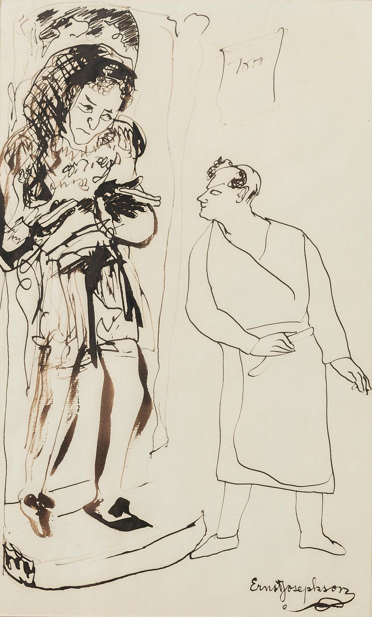 Ernst Josephson, Dr. Faust och Mefisto, odaterad. Tusch på papper 38,4 x 23,5 cm. 