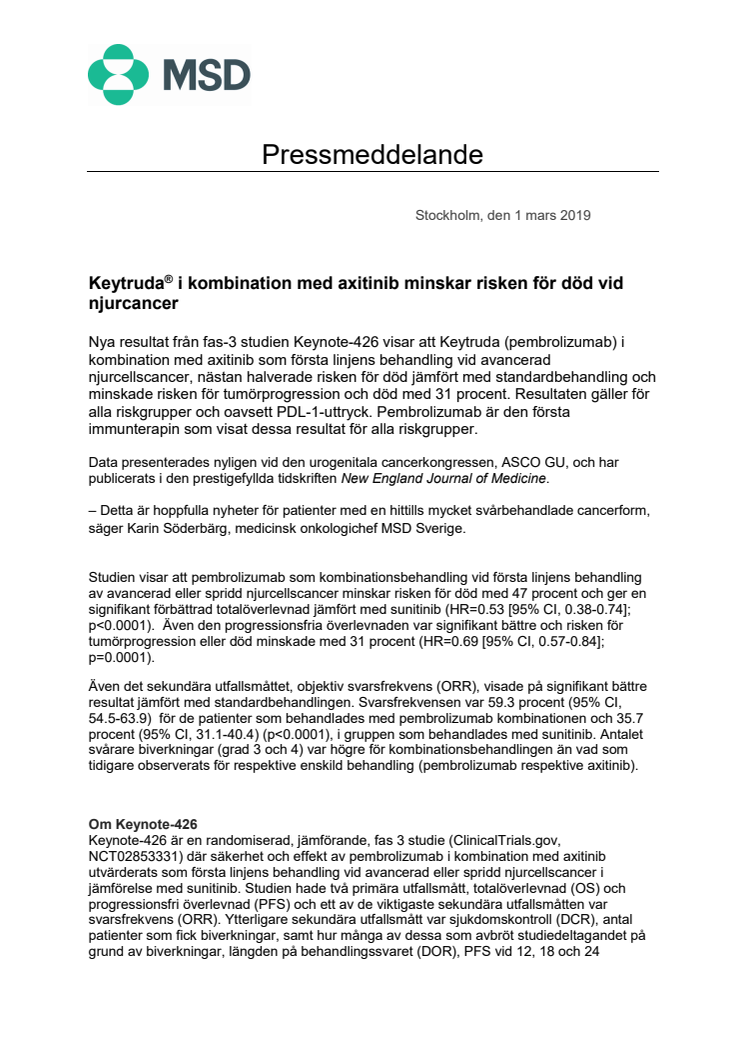 Keytruda® i kombination med axitinib minskar risken för död vid njurcancer 