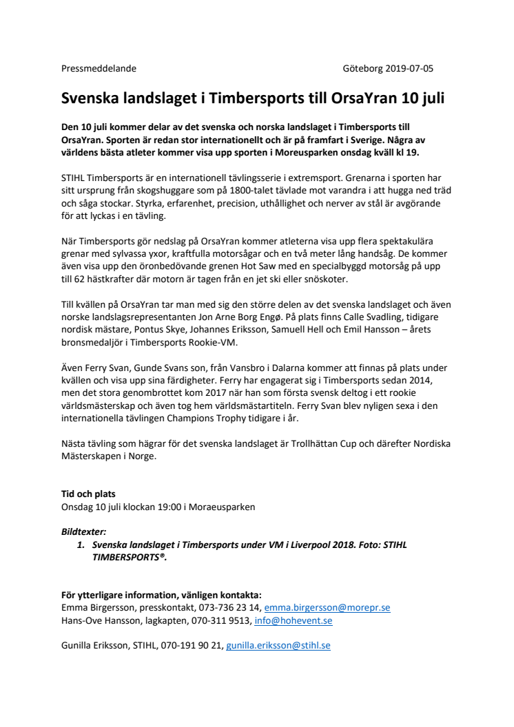 Svenska landslaget i Timbersports till OrsaYran 10 juli
