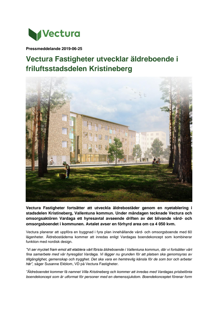 Vectura Fastigheter utvecklar äldreboende i friluftsstadsdelen Kristineberg 