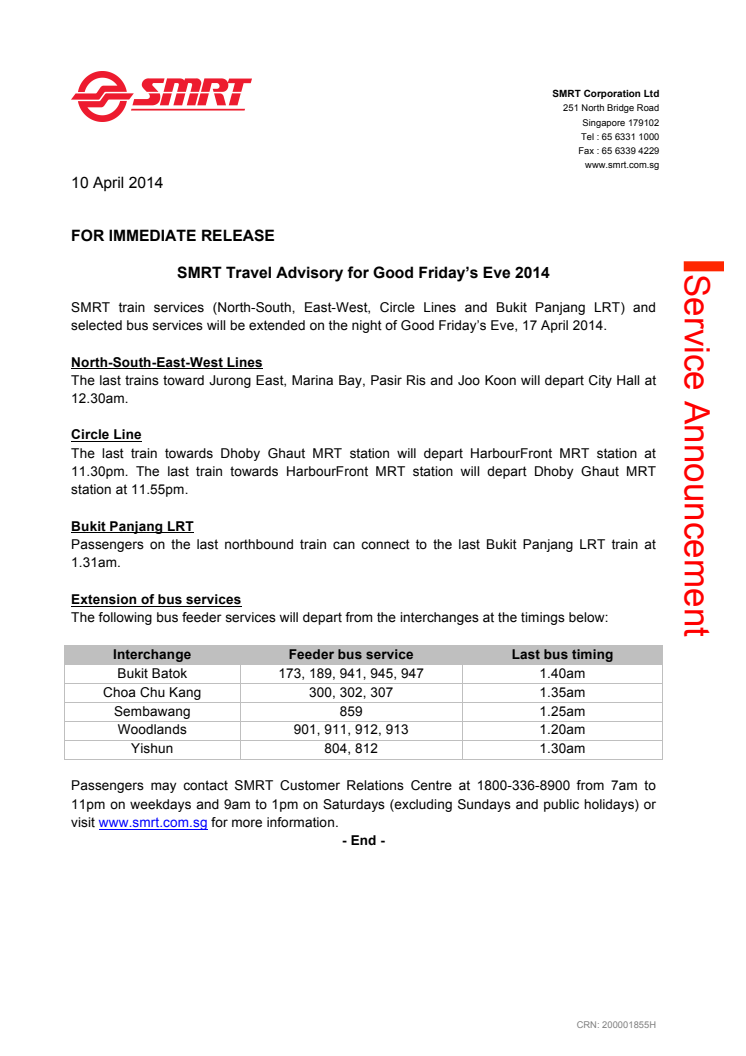 SMRT Travel Advisory for Good Friday’s Eve 2014