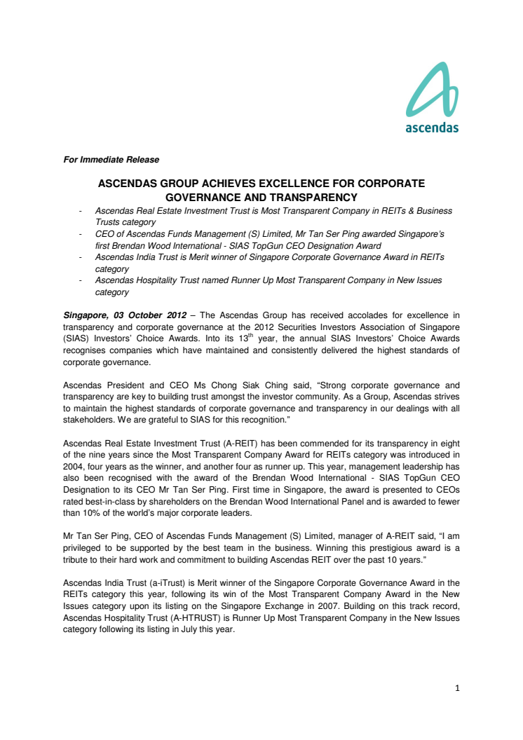 Ascendas Group Achieves Excellence For Corporate Governance and Transparency