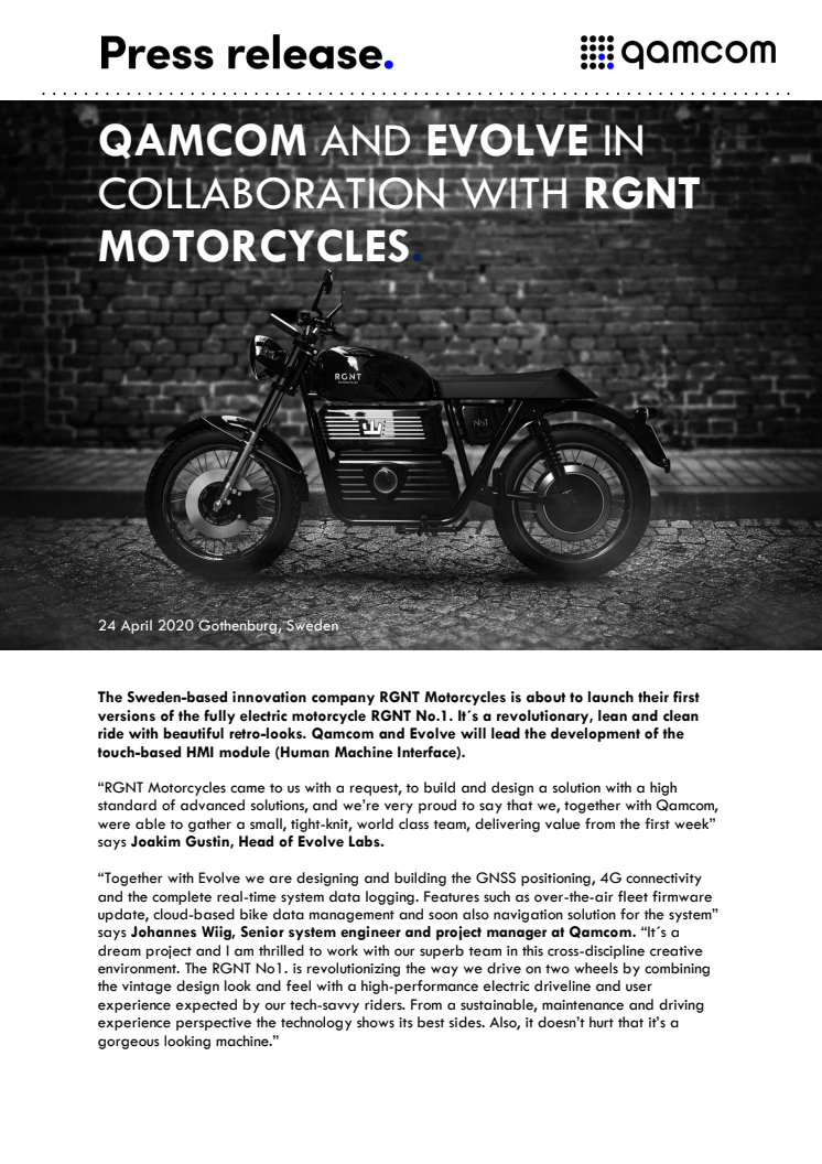 Qamcom and Evolve in collaboration with RGNT Motorcycles