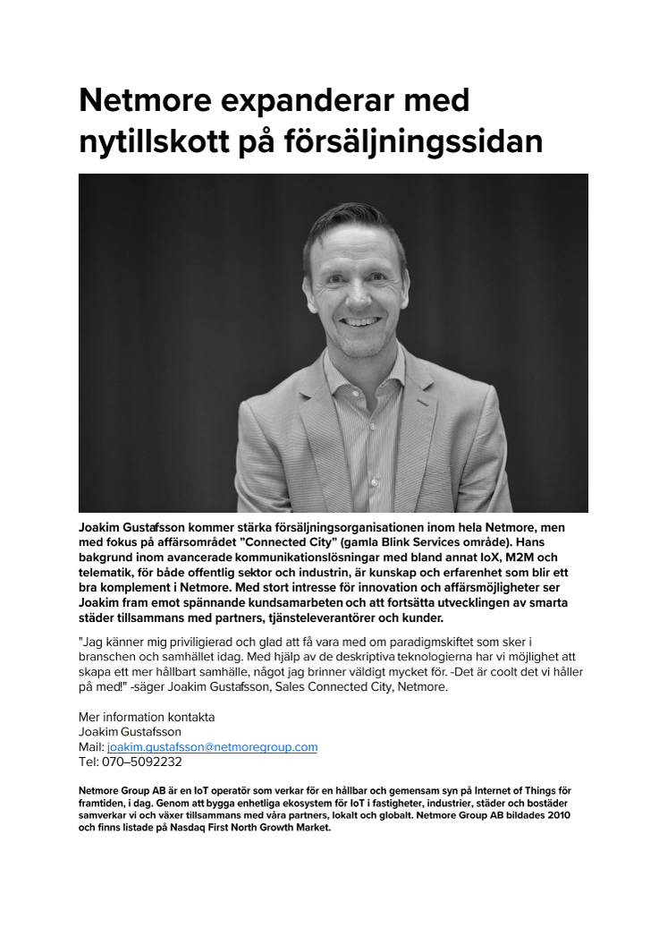 ​Netmore expanderar med nytillskott på försäljningssidan