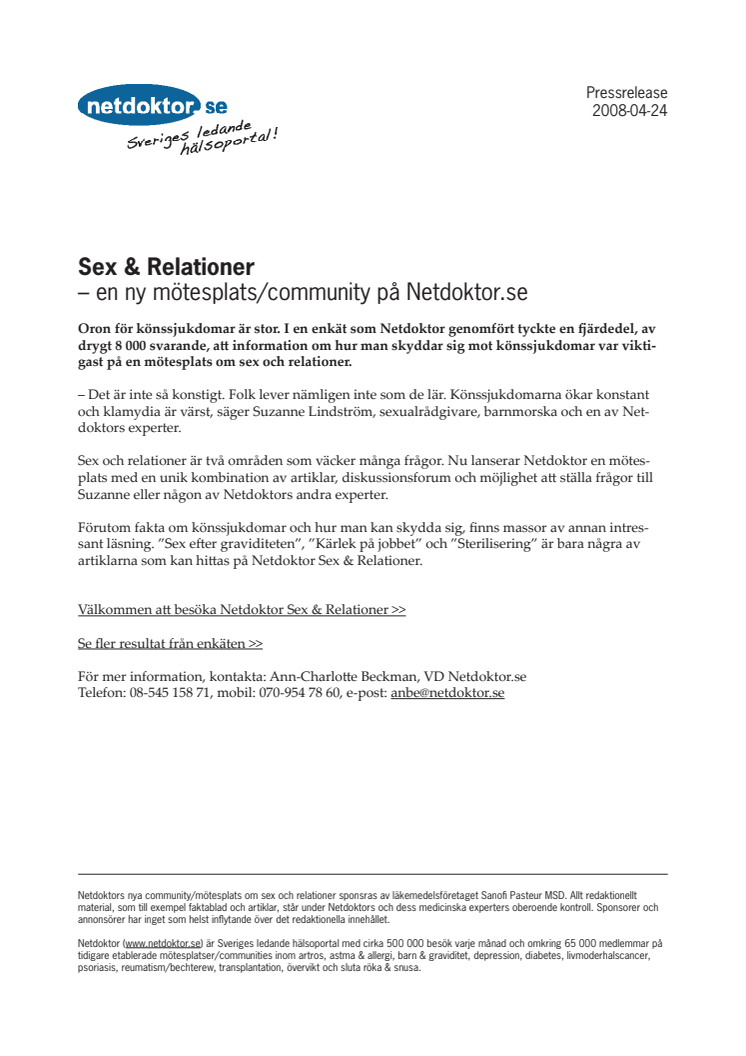 Sex & Relationer - en ny mötesplats/community på Netdoktor.se