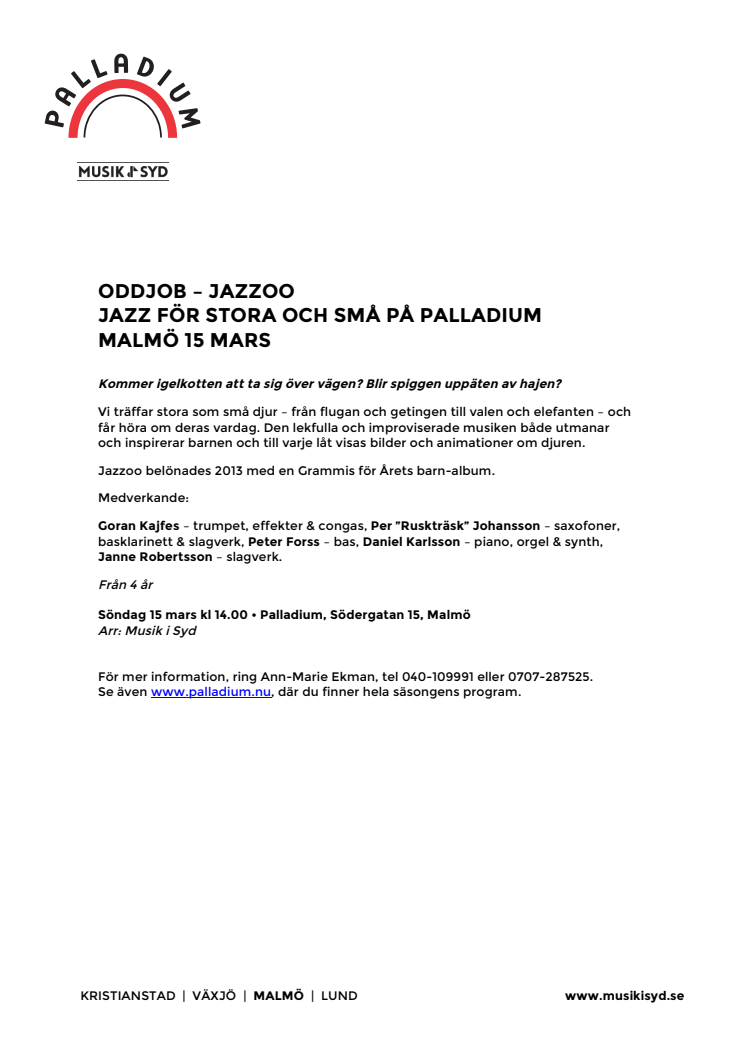 Oddjob – Jazzoo Jazz för stora och små på Palladium Malmö 15 mars