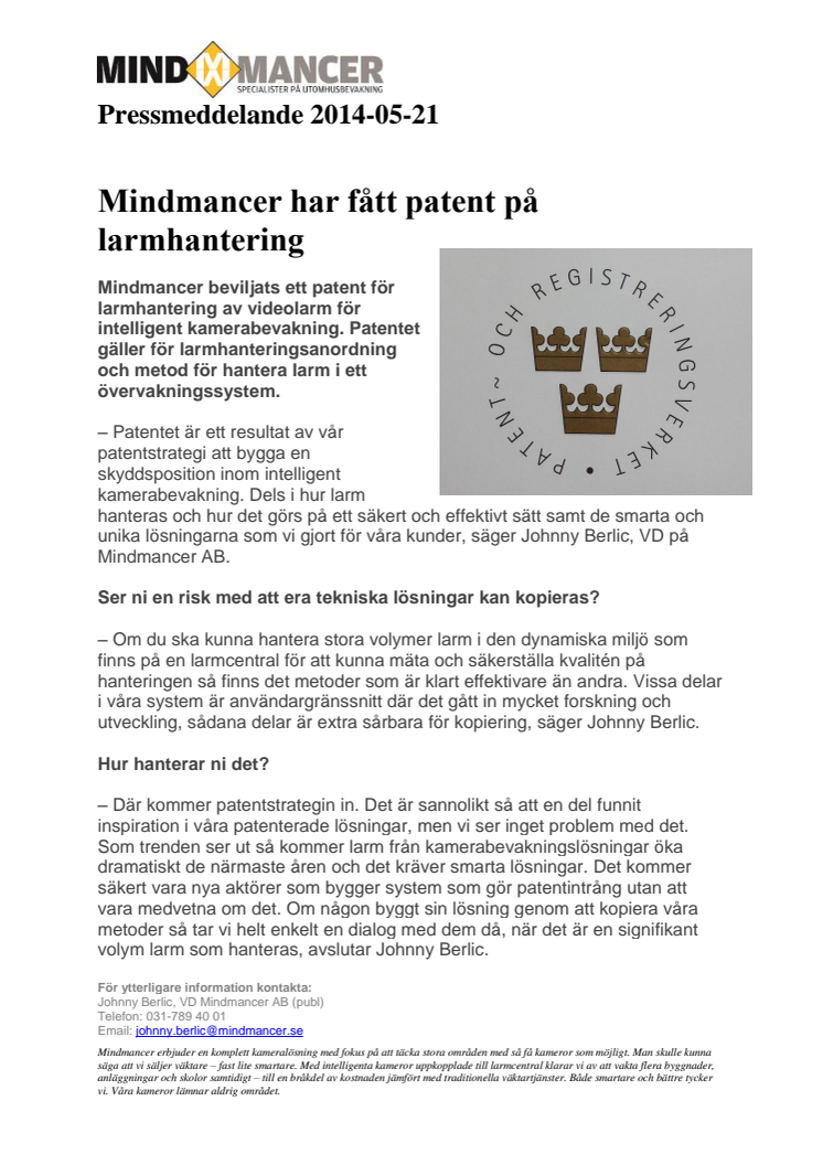 Mindmancer får patent på larmhantering