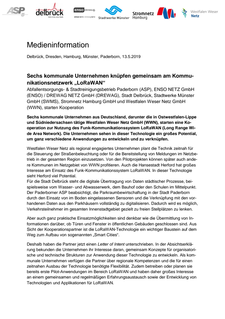 Sechs kommunale Unternehmen knüpfen gemeinsam am Kommunikationsnetzwerk „LoRaWAN“