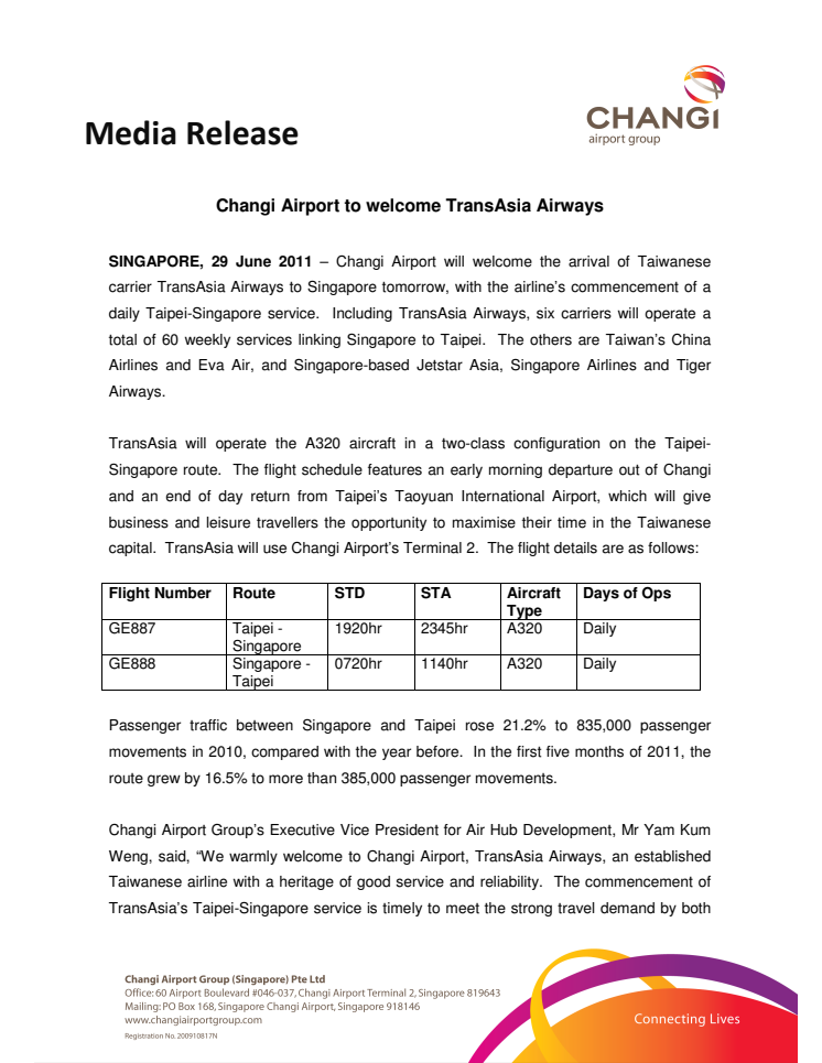 Changi Airport to welcome TransAsia Airways