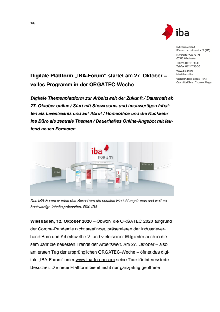 Digitale Plattform „IBA-Forum“ startet am 27. Oktober – volles Programm in der ORGATEC-Woche