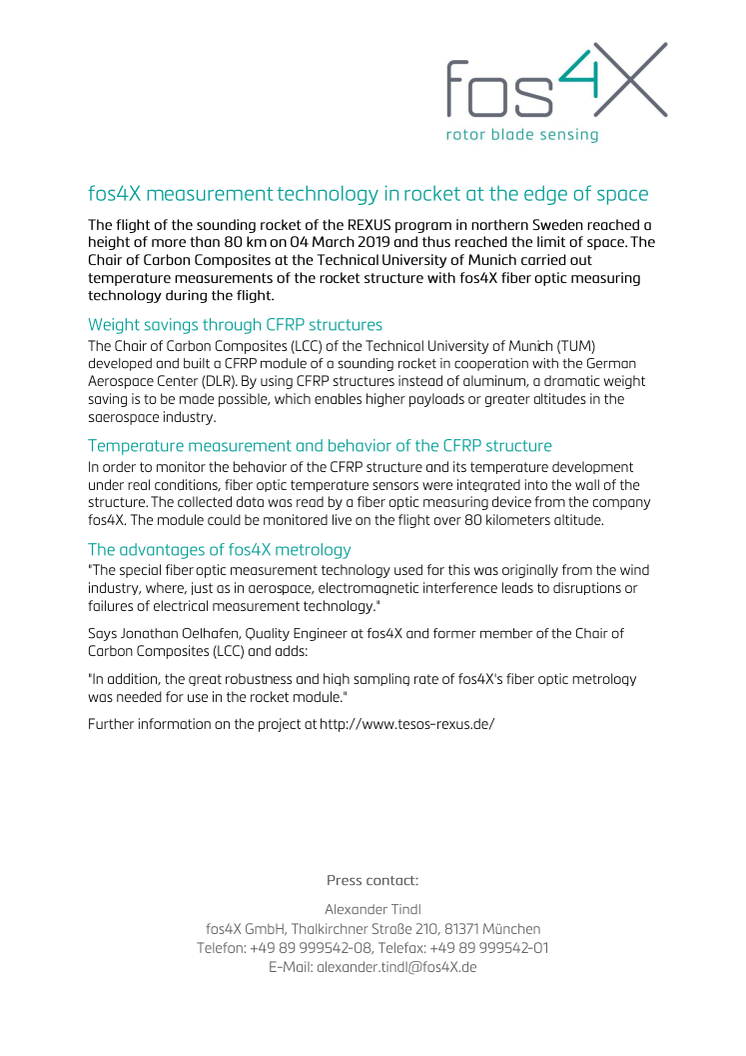 fos4X measurement technology in rocket at the edge of space