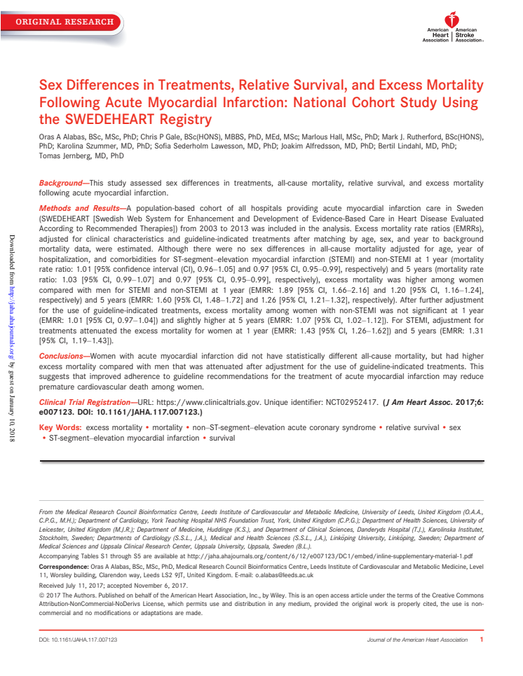 Studie: Sex Differences in Treatments, Relative Survival, and Excess Mortality Following Acute Myocardial Infarction: National Cohort Study Using the SWEDEHEART Registry