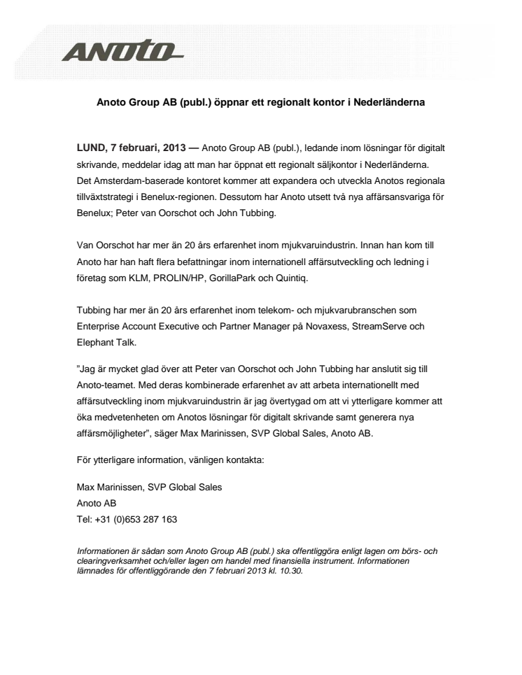 Anoto Group AB (publ.) öppnar ett regionalt kontor i Nederländerna