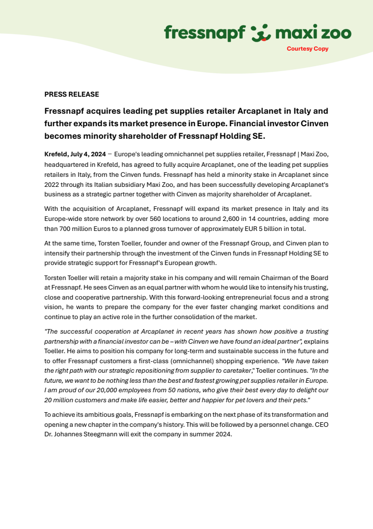 240704_press release - Fressnapf acquires Arcaplanet. Cinven becomes minority shareholder of Fressnapf Holding SE.pdf