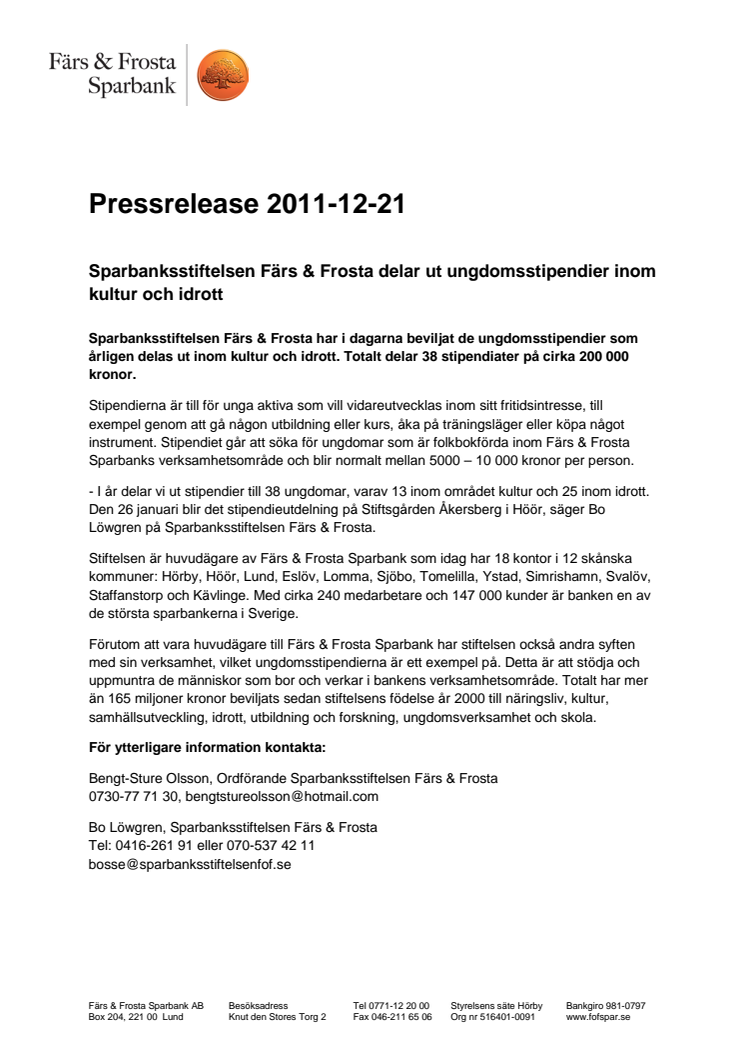 Sparbanksstiftelsen Färs & Frosta delar ut ungdomsstipendier inom kultur och idrott