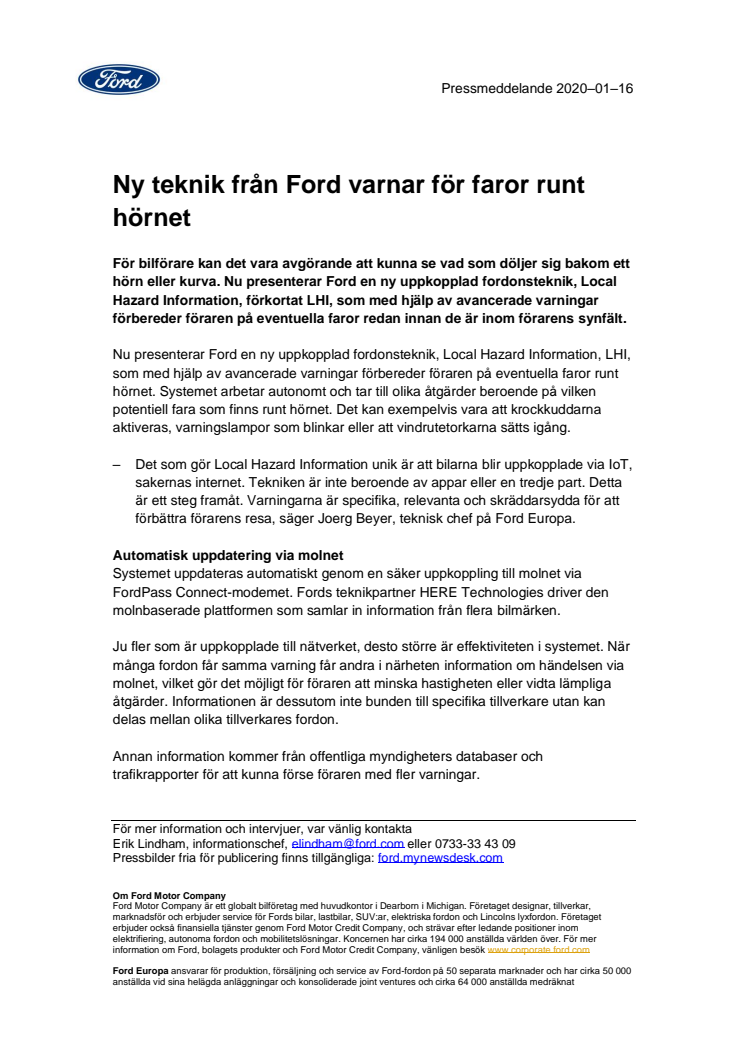 Ny teknik från Ford varnar för faror runt hörnet