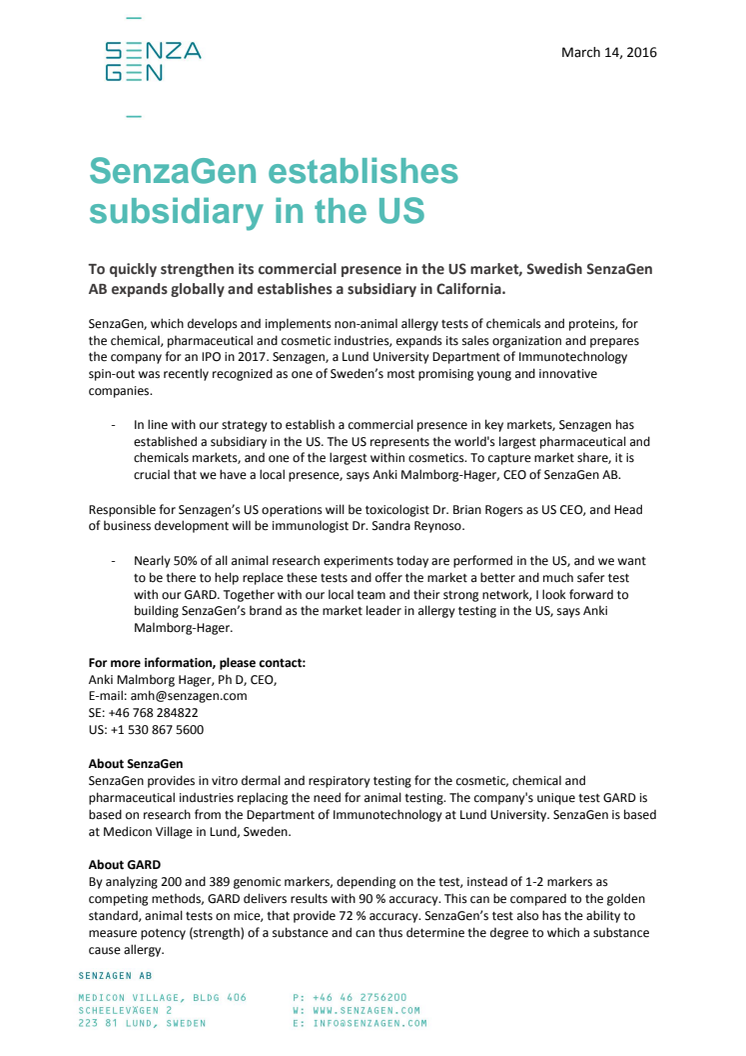 SenzaGen establishes subsidiary in the US 