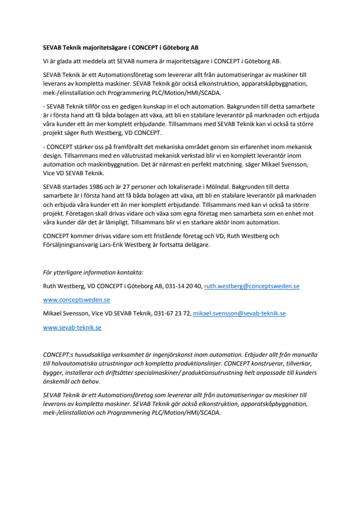SEVAB Teknik är ny majoritetsägare i CONCEPT AB