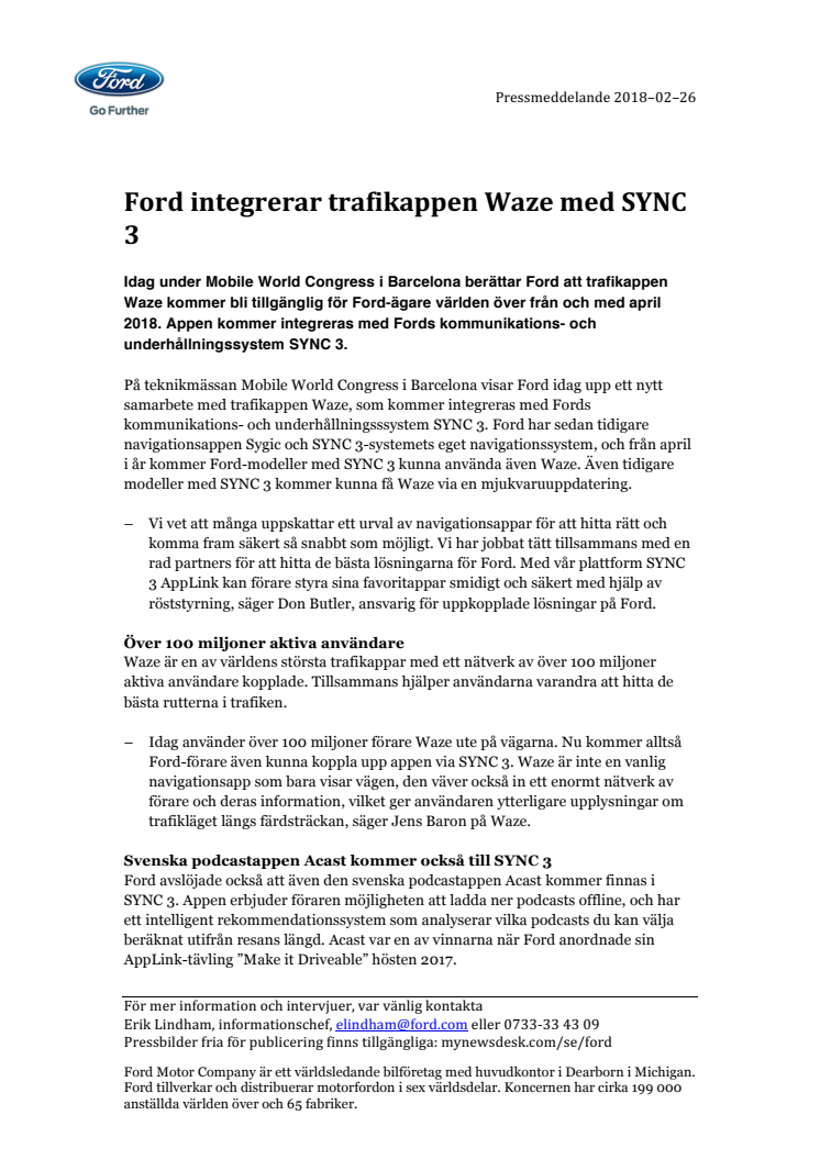Ford integrerar trafikappen Waze med SYNC 3