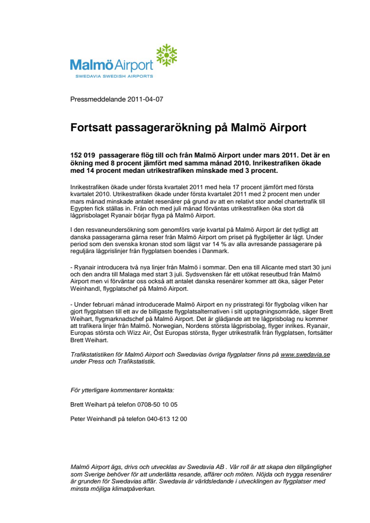 Fortsatt passagerarökning på Malmö Airport
