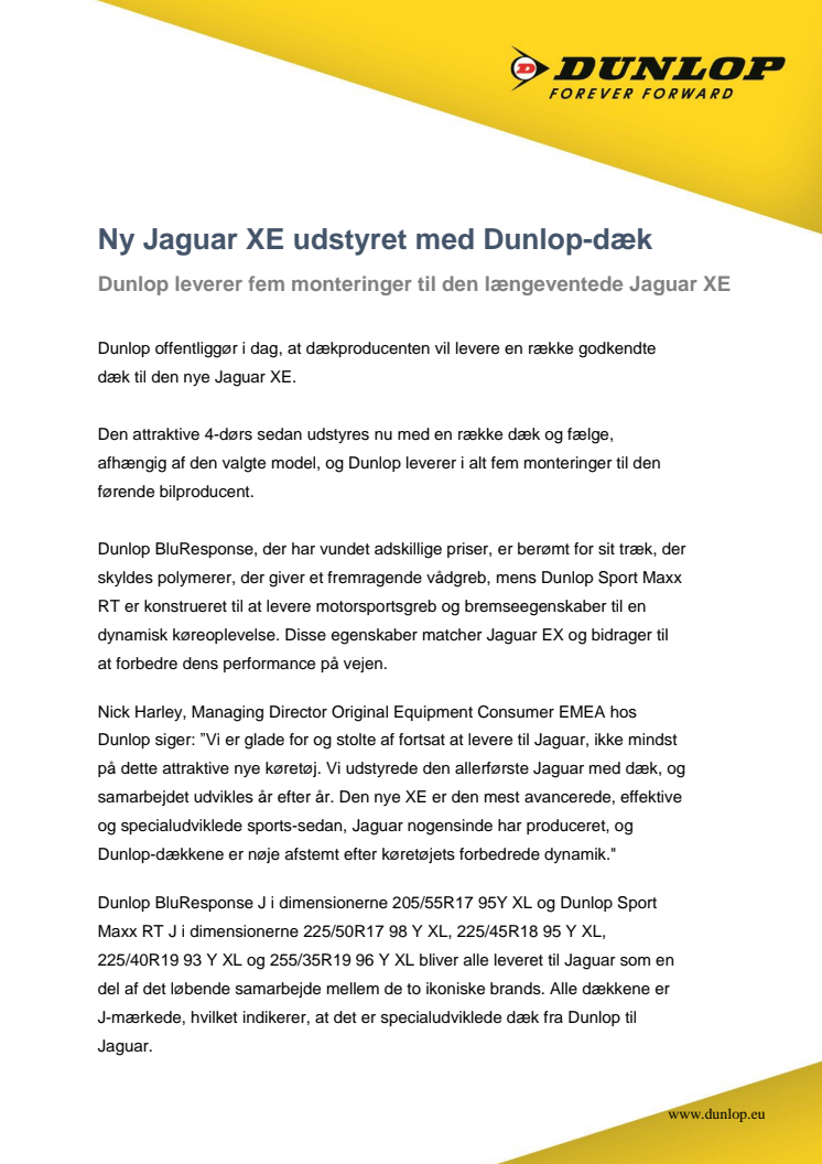 Ny Jaguar XE udstyret med Dunlop-dæk