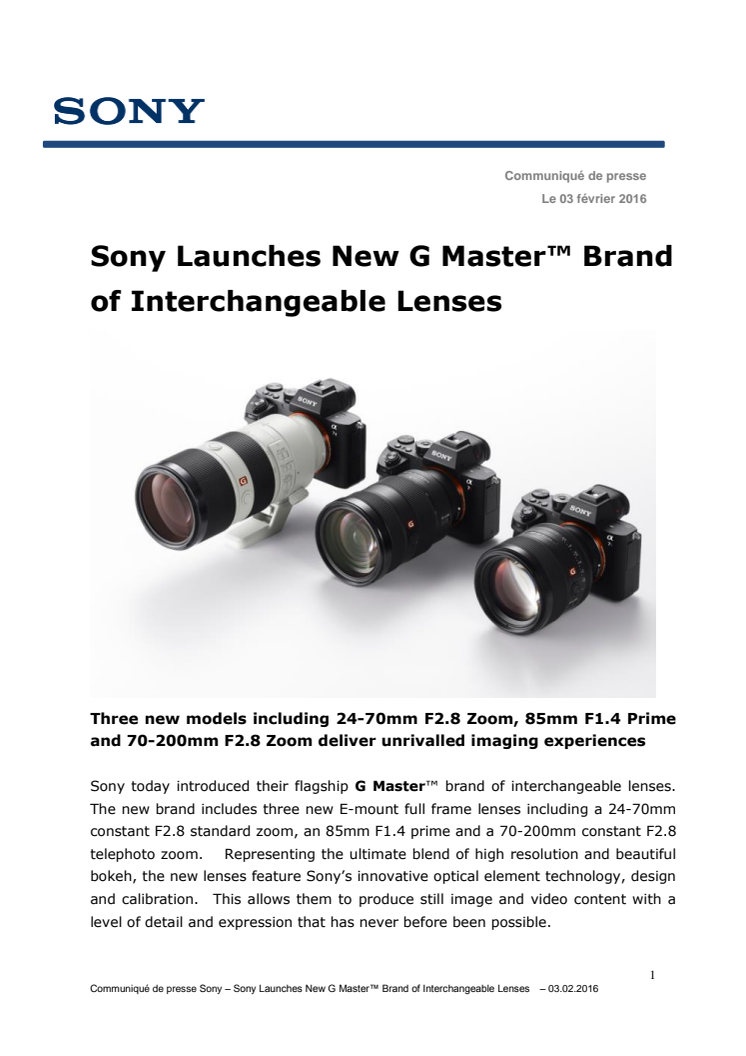 Sony lance sa nouvelle gamme d’objectifs interchangeables G MasterTM 