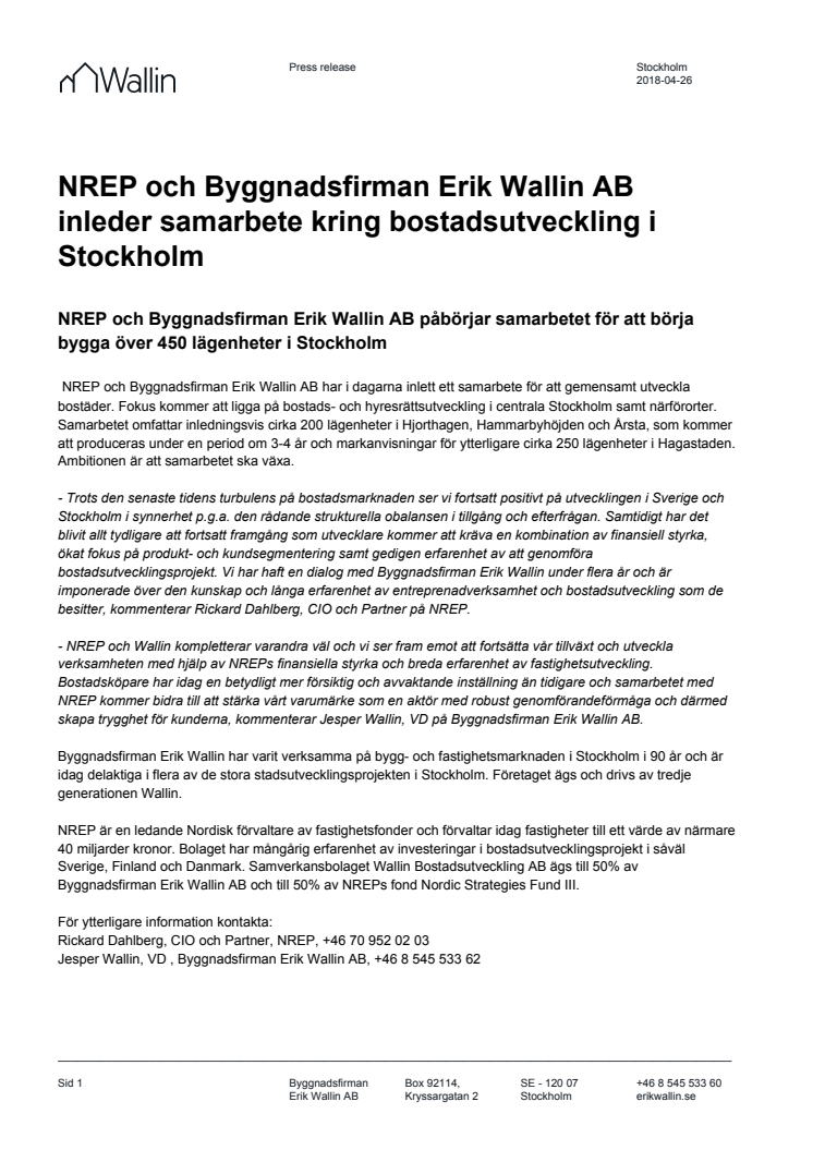 NREP och Byggnadsfirman Erik Wallin AB inleder samarbete kring bostadsutveckling i Stockholm