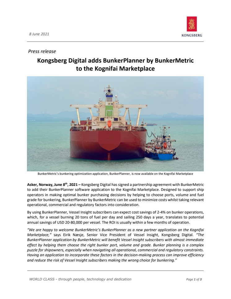Kongsberg Digital adds BunkerPlanner by BunkerMetric to the Kognifai Marketplace