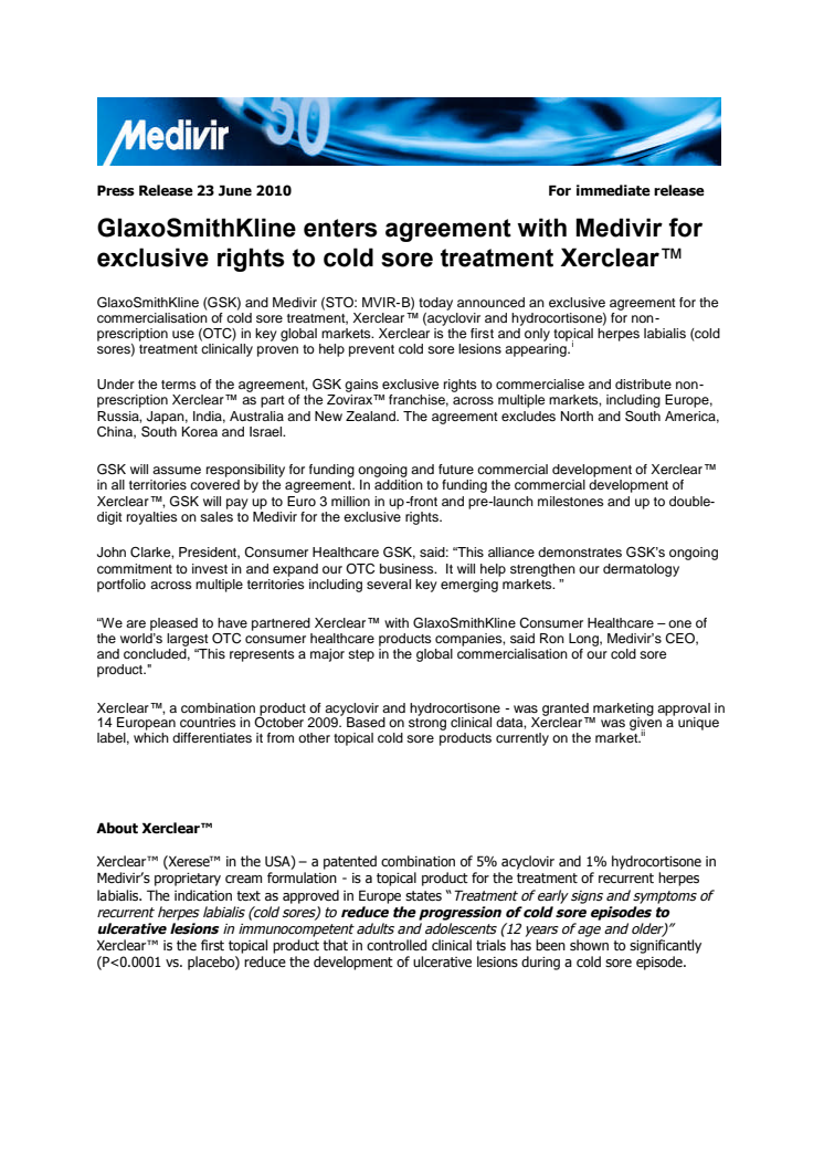 GlaxoSmithKline enters agreement with Medivir for exclusive rights to cold sore treatment Xerclear™ 