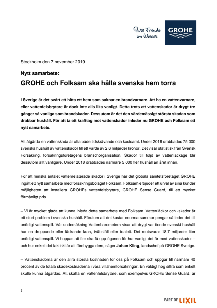 Nytt samarbete:  GROHE och Folksam ska hålla svenska hem torra