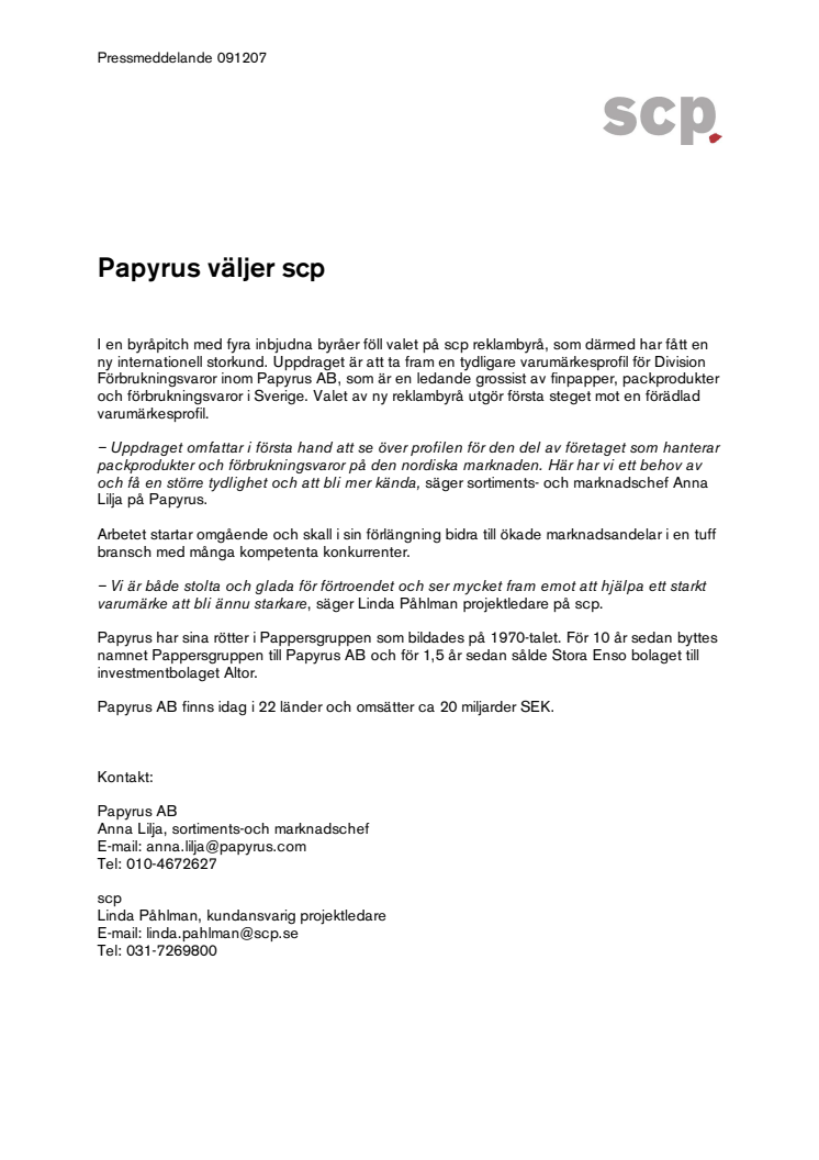 Papyrus väljer scp reklambyrå