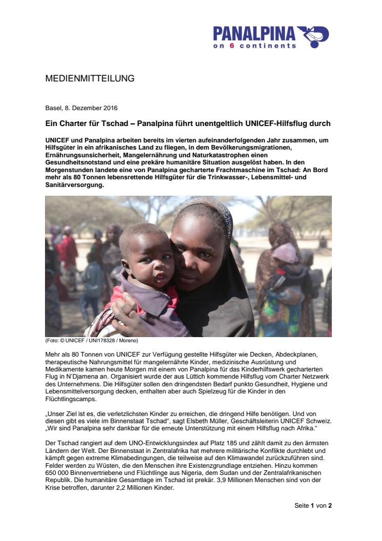 Ein Charter für Tschad – Panalpina führt unentgeltlich UNICEF-Hilfsflug durch