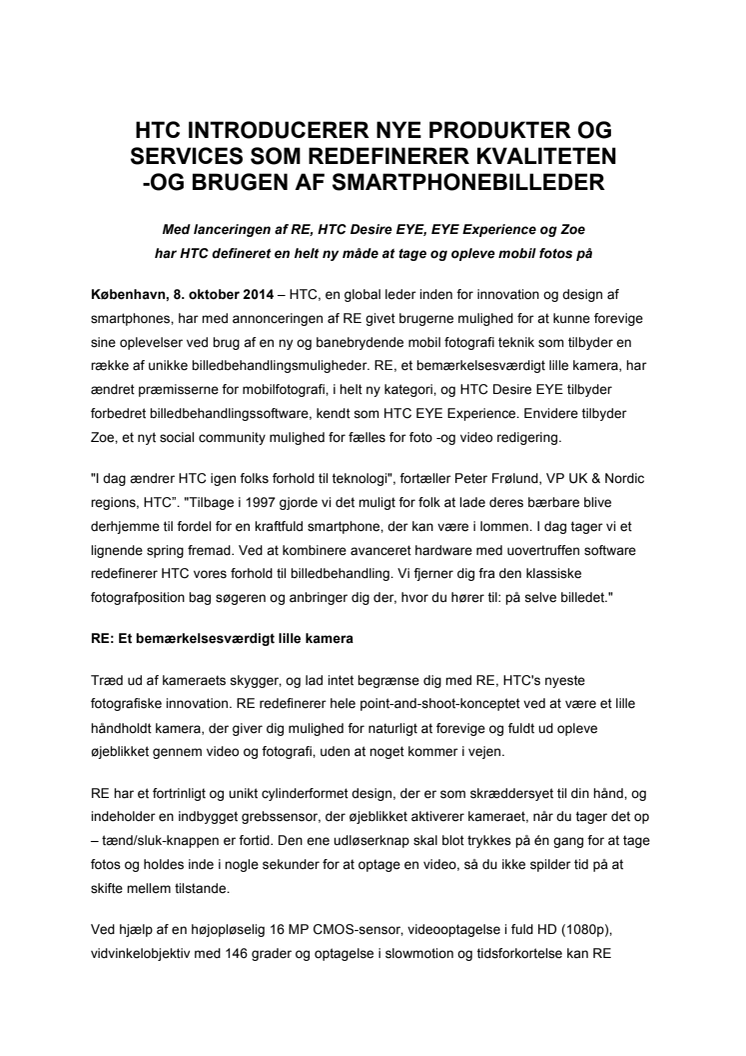 HTC INTRODUCERER NYE PRODUKTER OG SERVICES SOM REDEFINERER KVALITETEN -OG BRUGEN AF SMARTPHONEBILLEDER