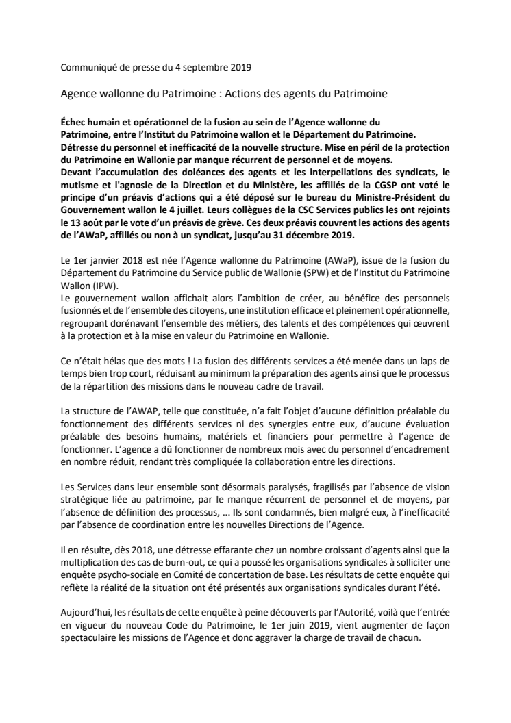 CGSP AMIO : Agence wallonne du Patrimoine : Actions des agents du Patrimoine