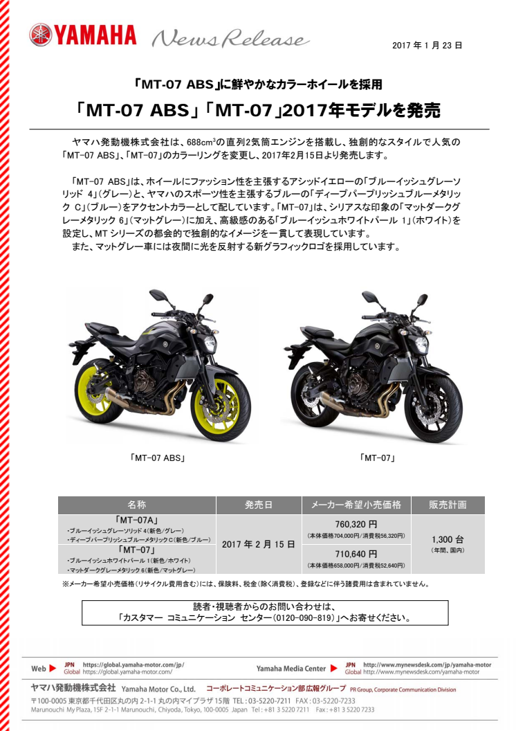 「MT-07 ABS」 「MT-07」2017年モデルを発売　「MT-07 ABS」に鮮やかなカラーホイールを採用